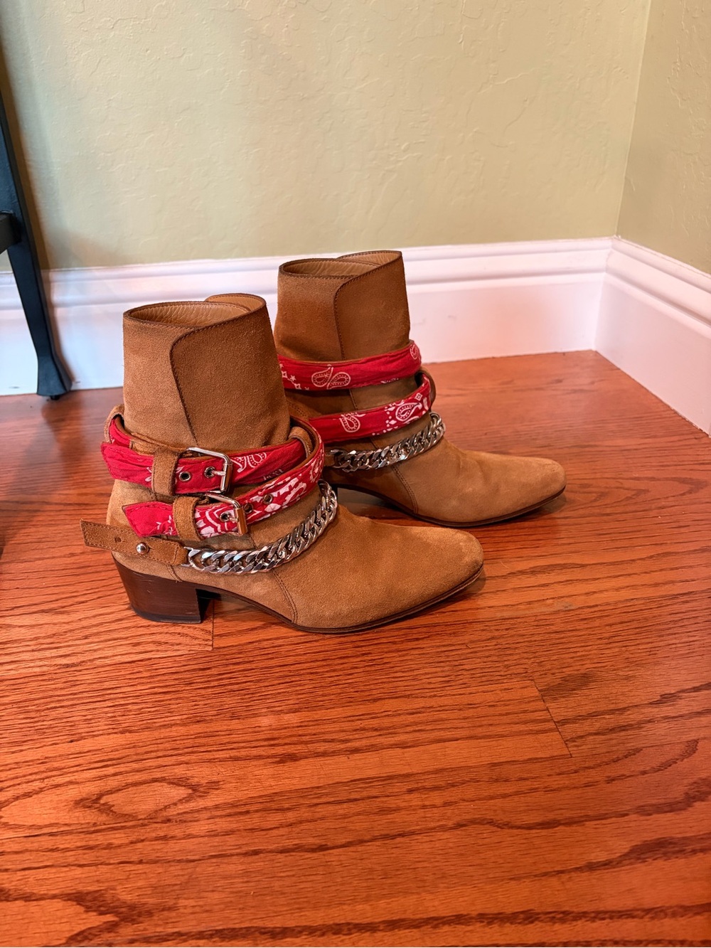 Amiri Wonen’s Suede Ankle Boots with Red Bandana Wraps